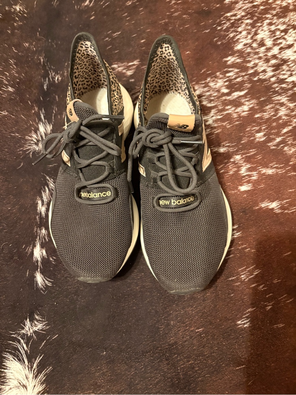 New Balance Black Sneakers with Leopard-Print Lining and Tan Accents